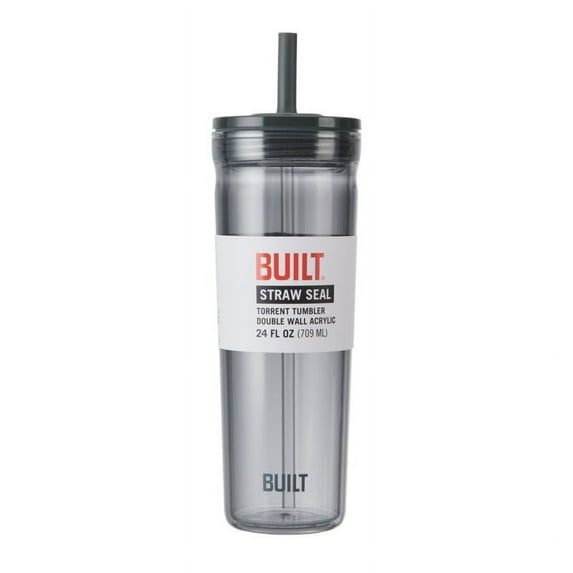 BUILT Torrent 24 oz Double-Wall Acrylic Tumbler Water Bottle with Straw, Gray