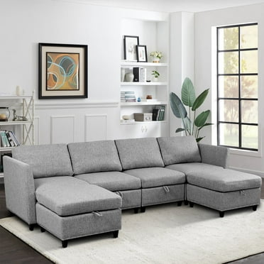 BUIORD 100" Modular Sectional Sofa with Storage, 6 Seat Couches and Sofas for Living Room, U-Shaped Sectional Couch with Reversible Chaises, Light Grey