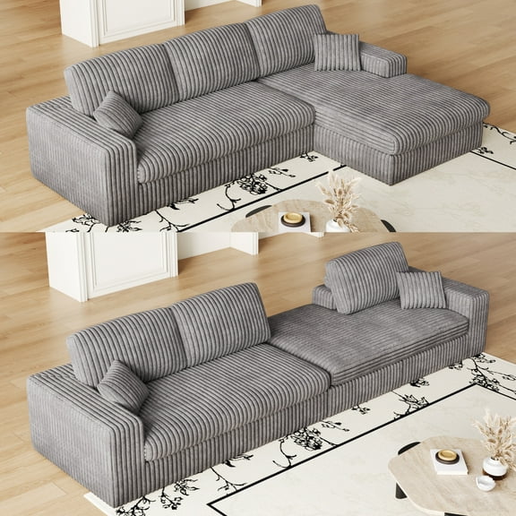 BUIORD 114.5" L-Shape Modular Sofa, 2-in-1 Corduroy Sectional Couch with Reversible Chaise Lounge, Modern Sofa for Living Room, Gray
