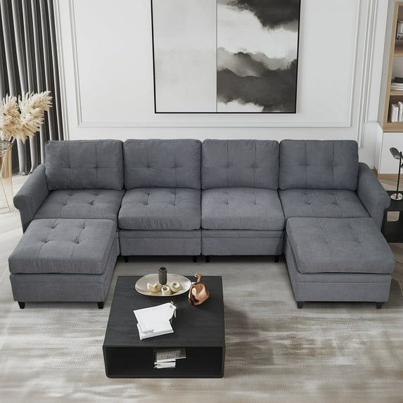 BUIORD 115" Modular Sectional Couch with Storage, 6 Seat Couches and Sofas for Living Room, U-Shaped Sectional Couch with Reversible Chaises, Gray