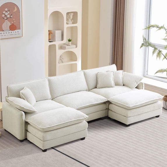 BUIORD 115" Modular Sectional Sofa, Oversize Corduroy U-Shaped Sofa and Couch with Reversible Ottoman, 5-Seat Deep Seat Sectional Sofa for Living Room, Beige