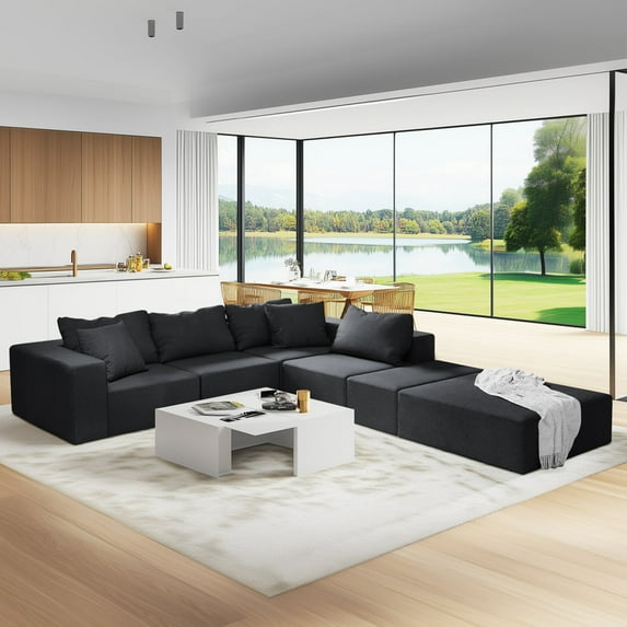 BUIORD 132" Modular Sectional Sofa - L Shaped Upholstered Couch for Living Room - Free Combination Floor Sofa - No Assembly Required - Black