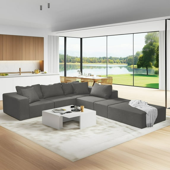 BUIORD 132" Modular Sectional Sofa - L Shaped Upholstered Couch for Living Room - Free Combination Floor Sofa - No Assembly Required - Gray