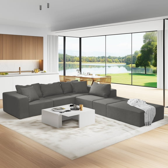 BUIORD 132" Modular Sectional Sofa - L Shaped Upholstered Couch for Living Room - Free Combination Floor Sofa - No Assembly Required - Gray