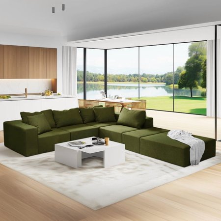 BUIORD 132" Modular Sectional Sofa - L Shaped Upholstered Couch for Living Room - Free Combination Floor Sofa - No Assembly Required - Green