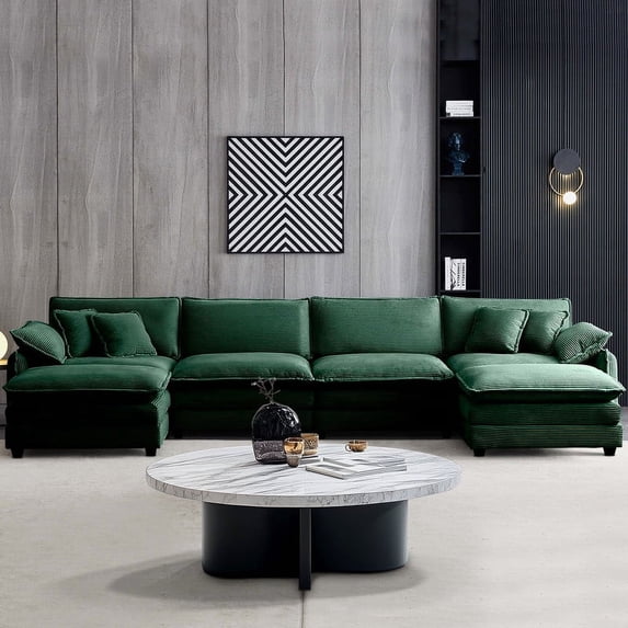 BUIORD 150" Modular Sectional Sofa, Oversize U-Shaped Sofa and Couch with Reversible Ottoman, 6-Seat Deep Seat Sectional Couch for Living Room, Green
