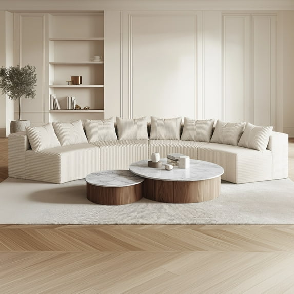 BUIORD 156" Curved Modular Sectional Sofa, Oversize Sponge Corduroy Modular Couch with 8 Pillows for Living Room, Beige, 4 Modules