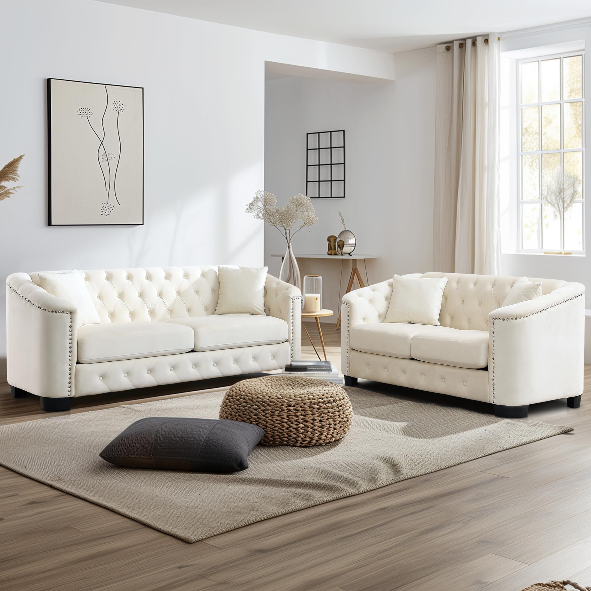 BUIORD 2 Piece Chesterfield Sofa, 77" Velvet 3 Seater Sofa + 59" Velvet ...