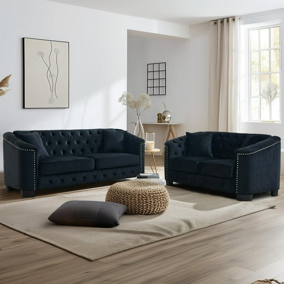 BUIORD 2 Piece Chesterfield Sofa, 77" Velvet 3 Seater Sofa + 59" Velvet Loveseat for Living Room, Upholstered Tufted Couch with Nailhead Arms, Black