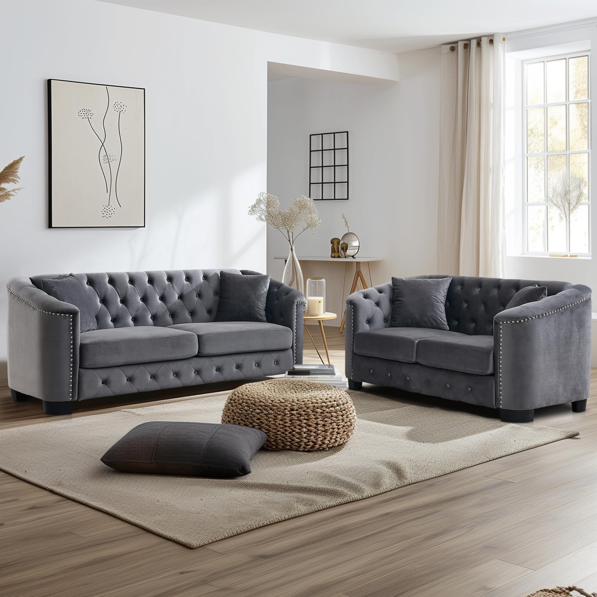 BUIORD 2 Piece Chesterfield Sofa, 77" Velvet 3 Seater Sofa + 59" Velvet ...