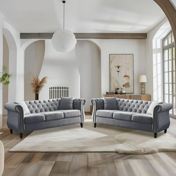 BUIORD 3-Seater Velvet Sofa Set, 2 Piece Chesterfield Sofa for Living Room, 80" Tufted Couch Set with 4 Pillows, Grey