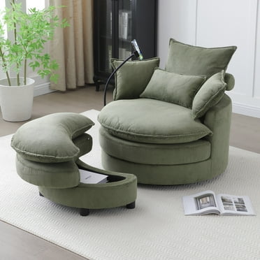 BUIORD 36"W Swivel Barrel Chair Set, Upholstered Accent Chair with Storage Ottoman, 360° Swivel Chair for Living Room Bedroom, Green