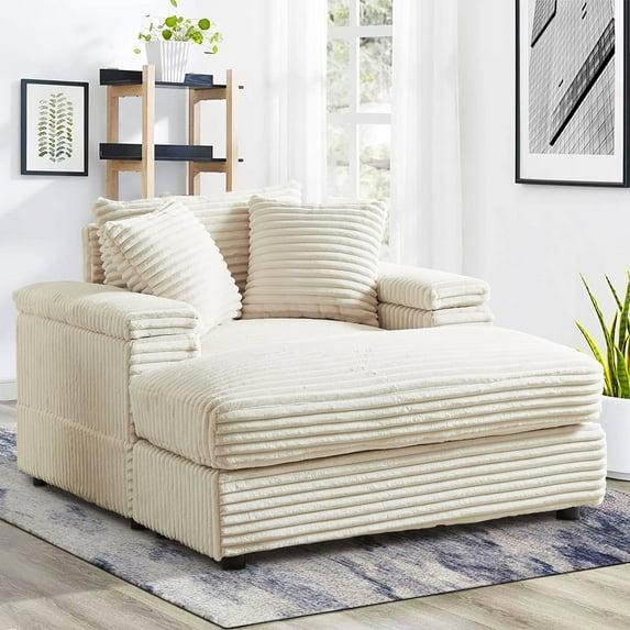 BUIORD 43.3" Accent Chair with Ottoman, Oversized Corduroy Single Sofa Chair with Pillows, Soild Wood Deep Seat Armchair for Living Room Bedroom, Beige