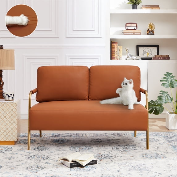BUIORD 50" Small Loveseat Sofa, Pet Friendly Leather Accent Sofa with Gold Metal Legs, Upholstered 2-Seater Sofa and Couch for Home Office Living Room Bedroom, 49.6"L x 30.3"W x 32.3"H, Orange