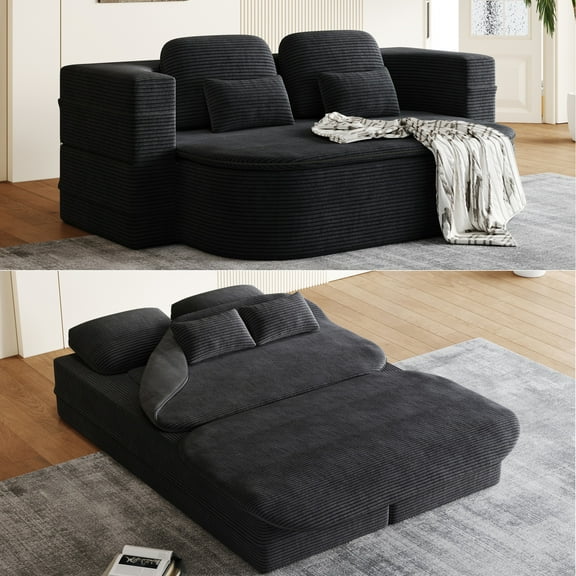 BUIORD 75" Convertible Loveseat Sofa, 2-in-1 Foldable Sleeper Sofa Bed with Multi Functional Blanket, Corduroy Floor Sofa for Living Room Bedroom, Black
