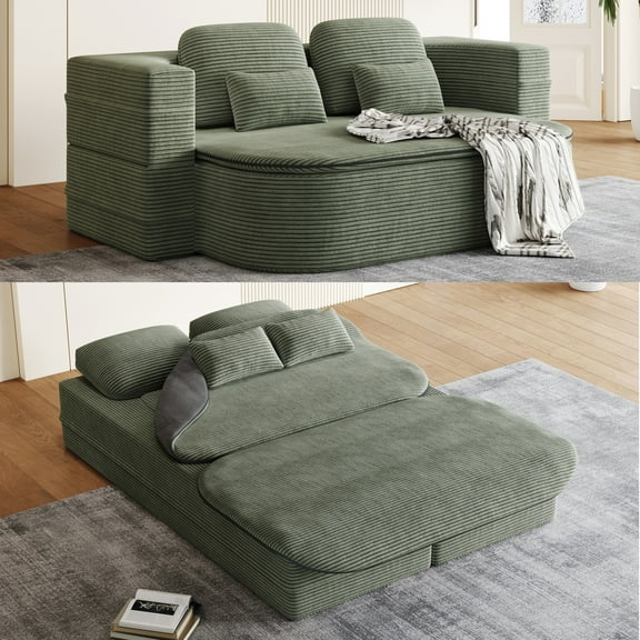 BUIORD 75" Convertible Loveseat Sofa, 2-in-1 Foldable Sleeper Sofa Bed with Multi Functional Blanket, Corduroy Floor Sofa for Living Room Bedroom, Green