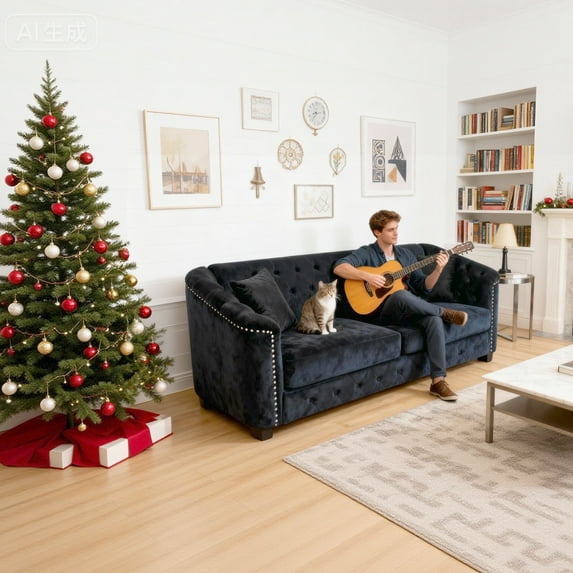 BUIORD 77" Velvet 3 Seater Couch, Modern Chesterfield Sofa for Living Room, Velvet Couch with Upholstered Tufted Backrests, Nailhead Arms & 4 Cushions, Black