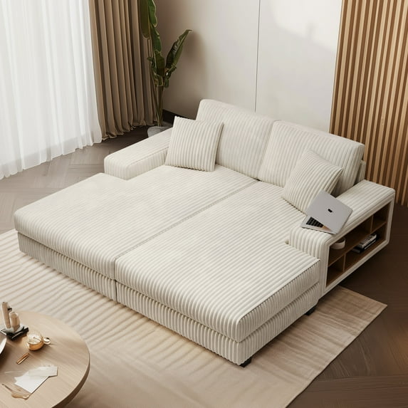 BUIORD 79.5" Oversized Sectional Chaise Lounge, Upholstered Corduroy Sectional Couch with Side Storage Rack, Sleeper Lounge Chair for Living Room, Beige