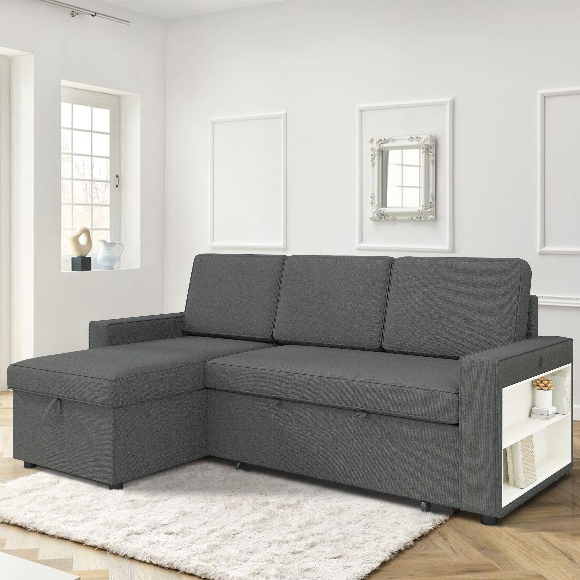 BUIORD 86" Convertible Sleeper Sectional Sofa with Storage Chaise, L ...