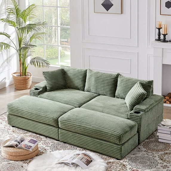 BUIORD 87" Sectional Couch with Ottoman, Oversized Corduroy 3-Seater Sofa with Storage Armrest and Cup Holders, Deep Seat Upholstered Couch for Living Room Bedroom, Green