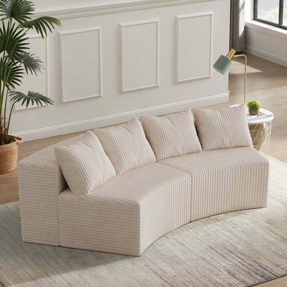 BUIORD 90.5" Curved Modular Sectional Sofa, Oversize Sponge Corduroy Modular Couch with 4 Pillows for Living Room, Beige, 2 Modules