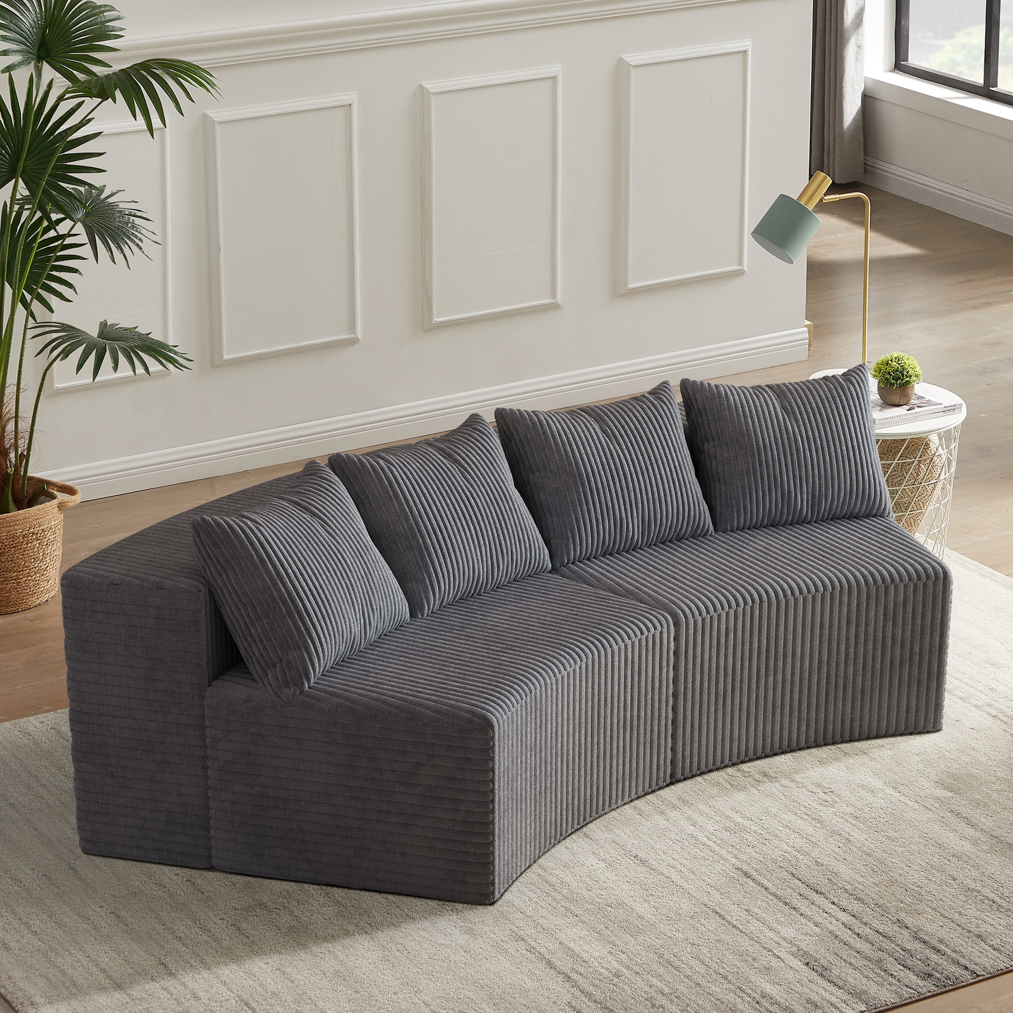 BUIORD 90.5" Curved Modular Sectional Sofa, Oversize Sponge Corduroy Modular Couch with 4 Pillows for Living Room, Gray, 2 Modules