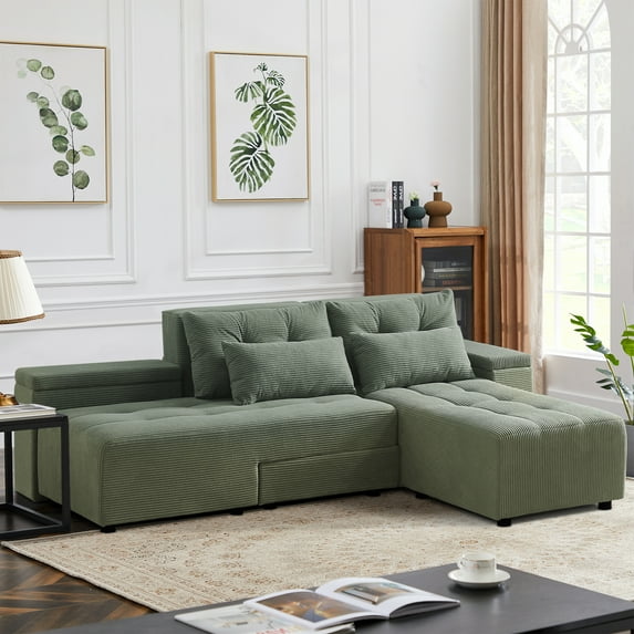 BUIORD 94" Convertible Sectional Sofa Modular Couch, 3 in 1 Sleeper Sofa with 4 Storage Space, L-Shaped Couch Pull-Out Sofa Bed for Living Room, Green