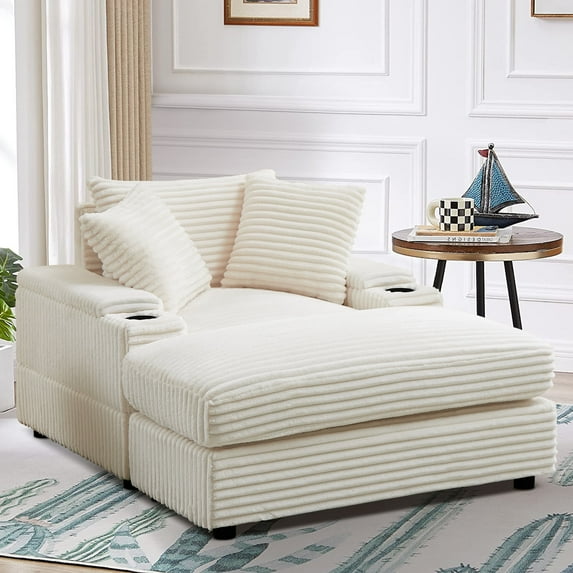 BUIORD Accent Chair with Ottoman, Corduroy Upholstered Single Sofa Armchair with Storage Armrest and Cup Holders, Accent Sofa Furniture for Living Room Bedroom, Beige