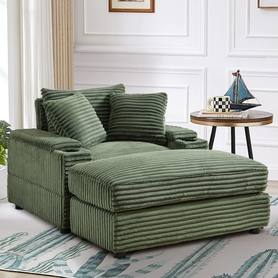 BUIORD Accent Chair with Ottoman, Corduroy Upholstered Single Sofa Armchair with Storage Armrest and Cup Holders, Accent Sofa Furniture for Living Room Bedroom, Green