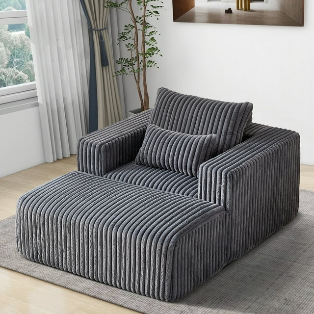 BUIORD Accent Chair with Ottoman, 62.5" Oversized Corduroy Single Sofa Armchair, for Living Room Bedroom, No Assembly Required, Gray