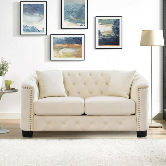 BUIORD Chesterfield Sofa, 59" Velvet Loveseat Sofa for Living Room, Upholstered Tufted Couch with Nailhead Arms, Beige