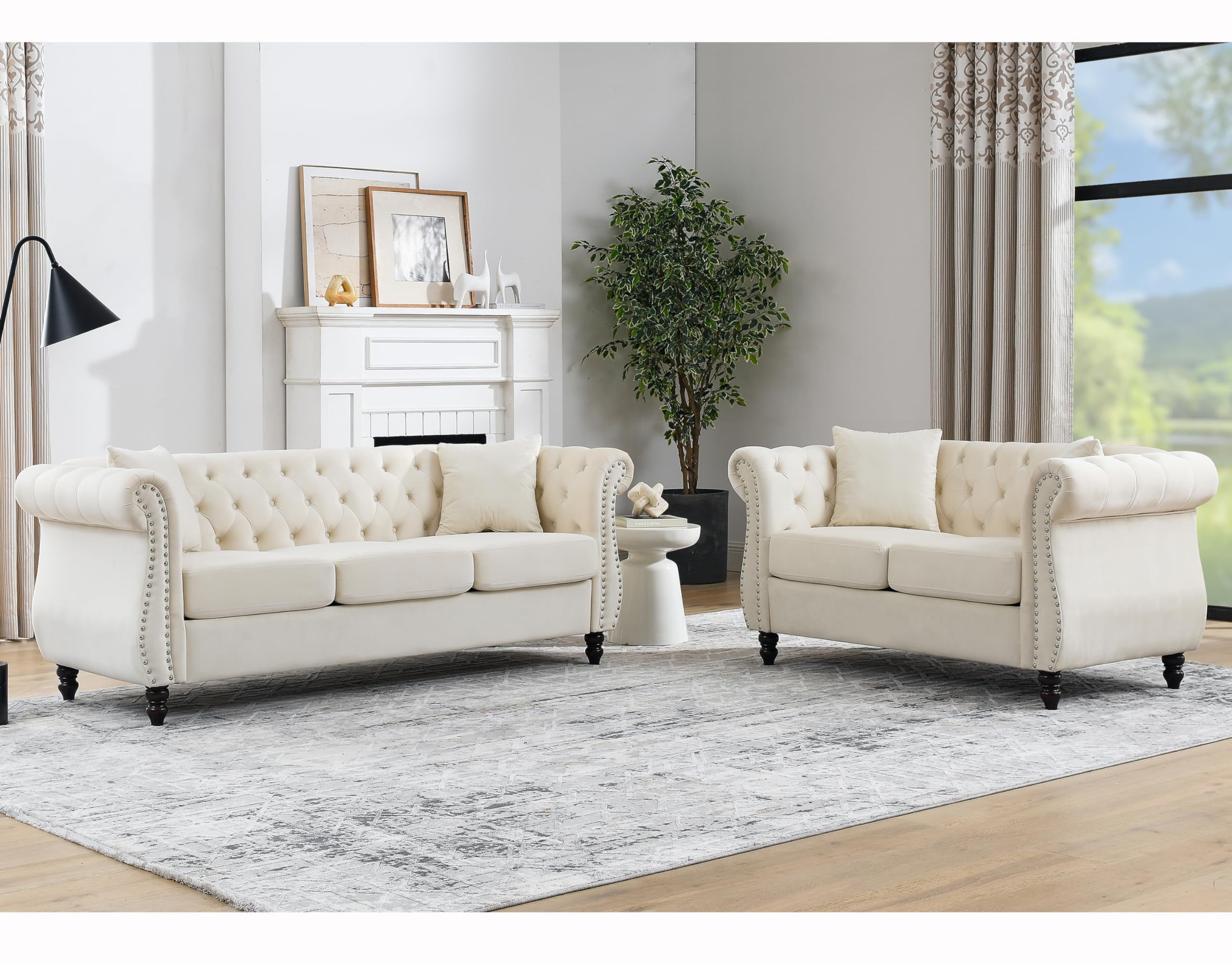 BUIORD Chesterfield Velvet Sofa Set, 2 Piece 80" 3-Seater Sofa and 59 ...