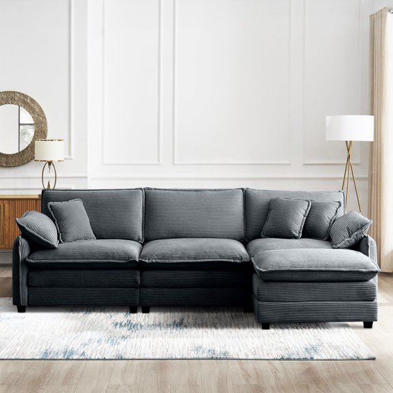 BUIORD Modular Sectional Couch, 115" Oversize L-Shape Sofa and Couch with Reversible Ottoman, 4-Seat Deep Seat Sectional Sofa for Living Room, Gray