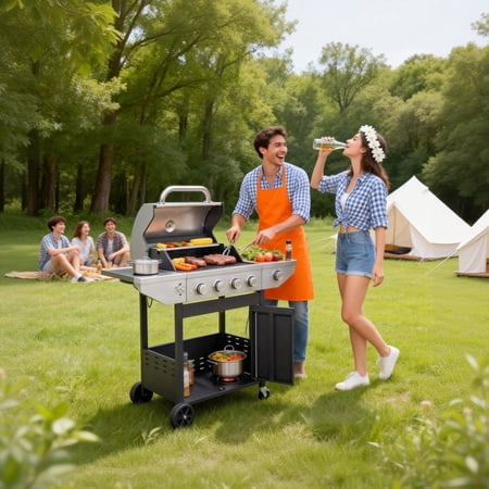 BUIORD Portable Propane Gas Grill, 4 Burner Barbecue Grill with Side Burner, 46,500 BTU Stainless Steel BBQ Grill for Outdoor Cooking, Patio, Camping, Backyard