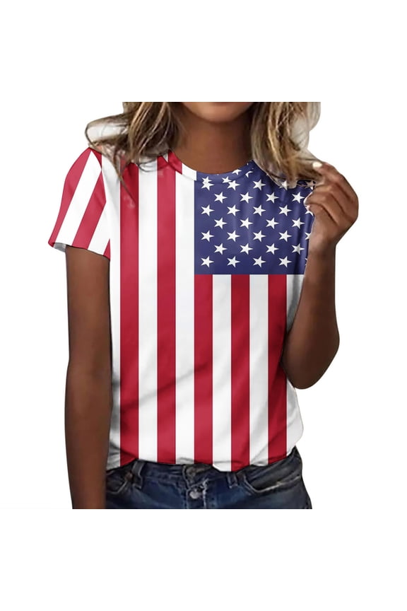4Th Of July Shirts for Women Plus Size Usa Flag T-Shirt Patriotic Tops Summer Loose Short Sleeve Round Neck Tees