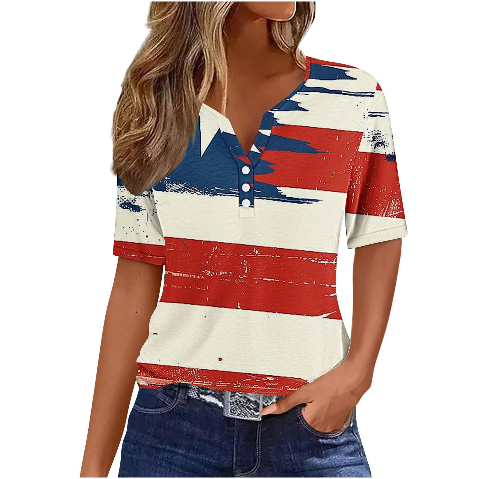 FAYALEQ USA Flag Shirt Women – Off Shoulder Patriotic Tee, Distressed Star & Stripes Design