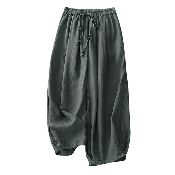 Buigttklop Pants for Women 2024 Women'S Wide Leg Linen Capris Double Tiered 100% Linen Trouser Drawstring Back Elastic Waist Cropped Lounge Pants