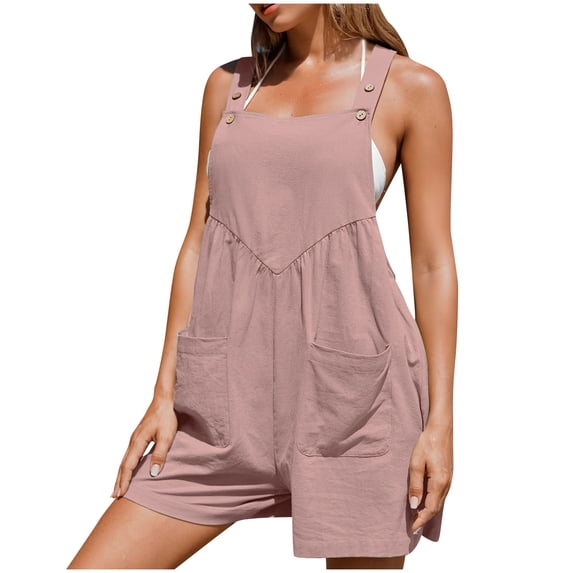 Buigttklop Cotton Linen Overalls for Women Straps Wide Leg Bib Pants Romper Jumpsuits with Pockets Women Pocket Button Sleeveless Jumpsuit Solid Rompers
