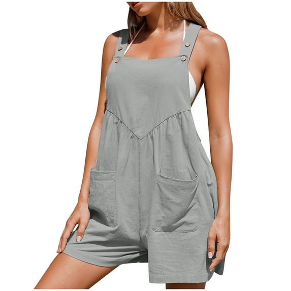 Buigttklop Cotton Linen Overalls for Women Straps Wide Leg Bib Pants Romper Jumpsuits with Pockets Women Pocket Button Sleeveless Jumpsuit Solid Rompers