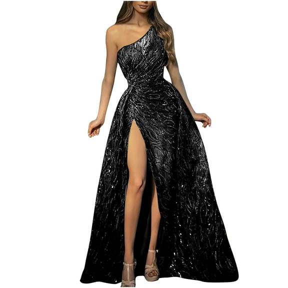 Buigttklop Dress for Women 2024 Women'S Light Luxury High End Solid Color Simulation Silk Sequins Fishtail High End Banquet Temperament Single Shoulder Off Dress Evening Dress
