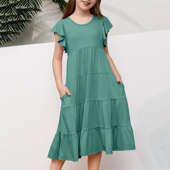 Buigttklop Dress for Girls Plus Size Fashion Girls' Summer New Short Sleeve Ruffled Pockets Round-Neck Solid Dress