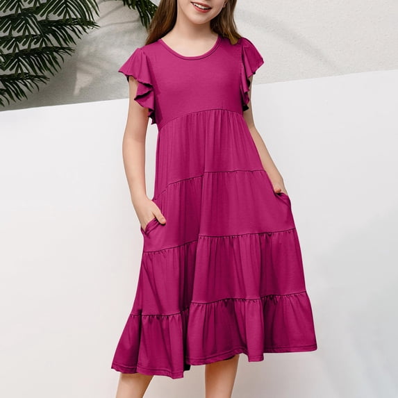 Buigttklop Dress for Girls Plus Size Fashion Girls' Summer New Short Sleeve Ruffled Pockets Round-Neck Solid Dress