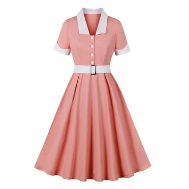 BUIgtTklOP Dress for Women 2024 Clearance Women Retro V-neck Short Sleeves Bowknot Button Belt Large Skirt Hem Dress