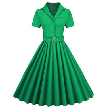 BUIgtTklOP Dress for Women 2024 ClearanceWomen's Retro Solid Color Patchwork Waistband Large Hem Dress Skirt
