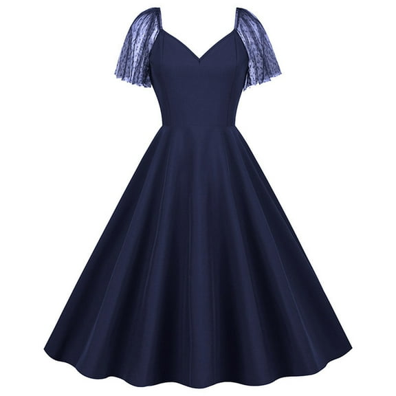 Buigttklop Dress for Women 2024 Women'S Solid Color Mesh Splicing Vintage Dress Puffy Dress