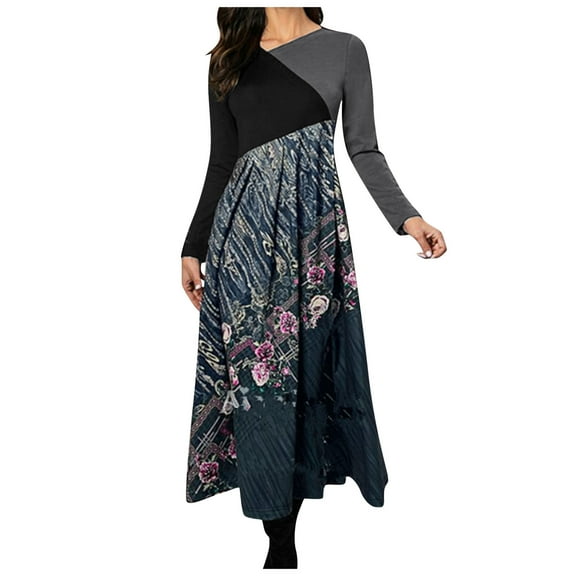 Buigttklop Dresses for Women 2023,Autumn and Winter Casual Slim Long-Sleeved Long Bohemian Printed Dress,Fall Dresses for