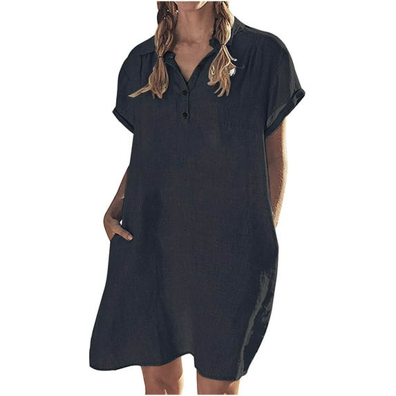 BUIgtTklOP Dresses For Women 2023 Clearance!Casual Cotton And Linen Short Sleeve Lapel Button Solid Color Dress