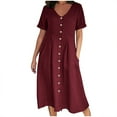 thumbnail image 1 of Buigttklop Dresses for Women 2023,Summer Casual V-Neck Solid Short Sleeve Button Pocket Cotton Linen Dress, 1 of 6