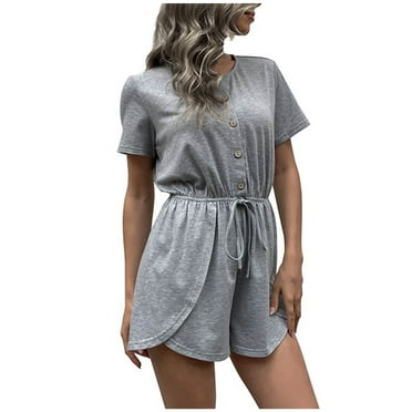 BUIgtTklOP Jumpsuit for Women Clearance 2024,Women's Round Neck Short Sleeve Lacing Button Fallow Jumpsuit