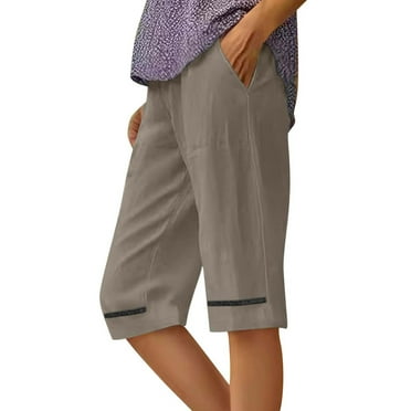 BUIgtTklOP Linen Capri Pants for Women Summer Plus Size Casual Wide Leg Capris Elastic Loose Cotton Crop Trouser with Pockets